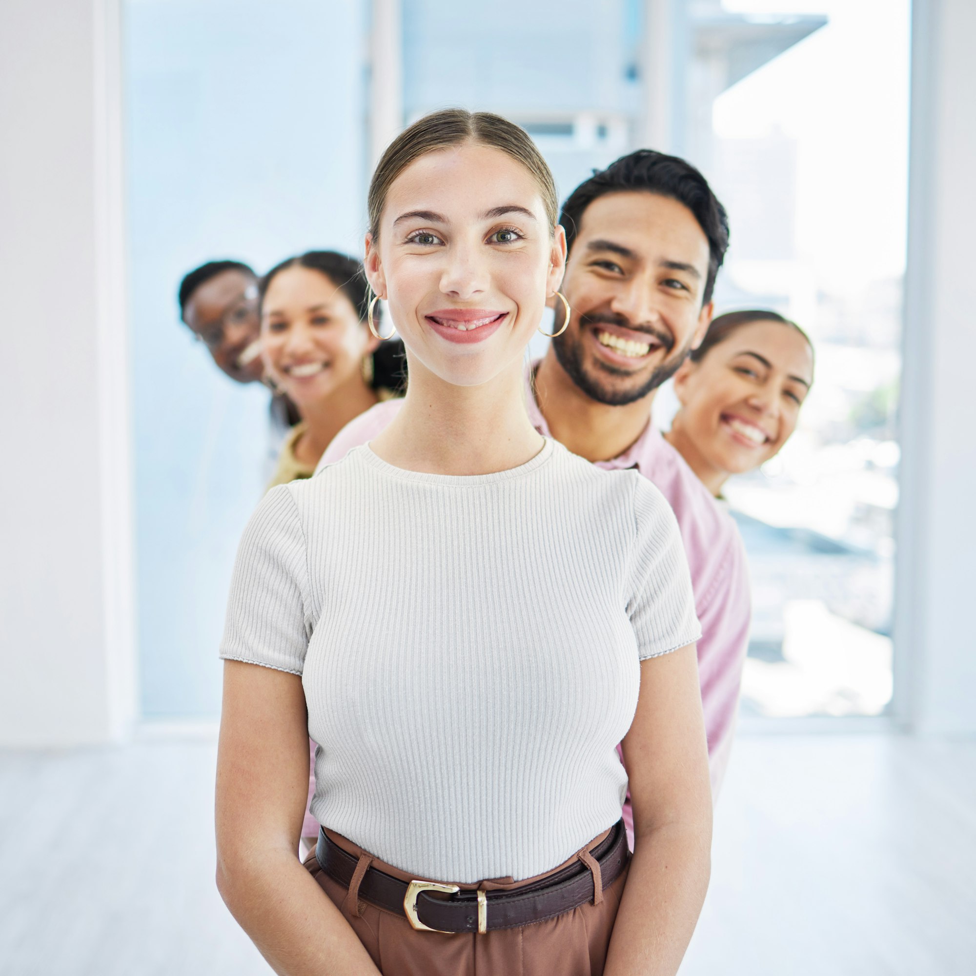 Business, people and team building in row in office with portrait, diversity and happiness for coll